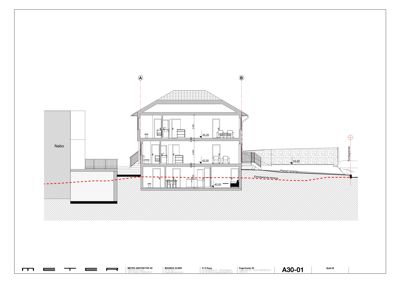 Snittegning (A-B) som viser bygningens indre oppbygning, høyder, romfordeling og forhold til nabobebyggelse og terreng.