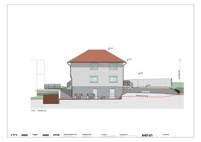 Fasadetegning (opprikk) av en toetasjes bolig sett fra sør, med visuell fremstilling av fasadematerialer, vinduer, takform og terrengforhold.