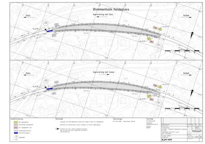Situasjonsplan for Blommenholm holdeplass som viser tomtens beliggenhet i forhold til Oslo og Asker, med oppgitt høyder, eksisterende og nye bygninger, samt infrastruktur.