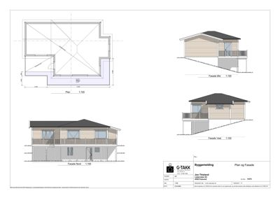 Byggemelding som viser fasadetegninger (Nord, Vest, Øst) og etasjeplan.