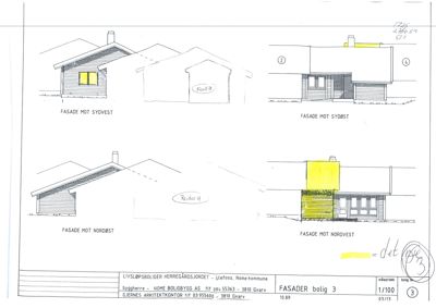 Fasadetegning som viser utsiden av en bolig sett fra fire ulike vinkler (sydvest, sydøst, nordøst og nordvest).