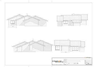 Fasadetegning som viser bygningens utseende fra fire ulike vinkler (front, side, bak og en annen side).