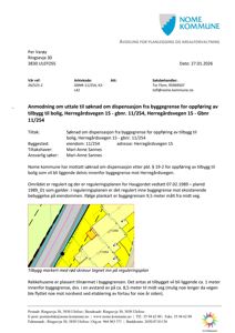 Et utskrift av en anmodning fra Nome kommune som inneholder en kartutsnitt (situasjonsplan) for eiendommen Herregårdsvegen 15, med markerte bygninger og reguleringsgrenser.