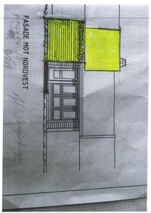 Fasadetegning av en bygning sett fra nordvest, med håndskrevne notater om endringer.