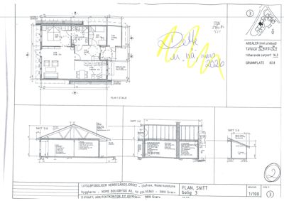 Bildet viser en tegning med etasjeplan (PLAN 1. ETASJE) og snittegninger (SNITT D-D, E-E, C-C) for en bolig.