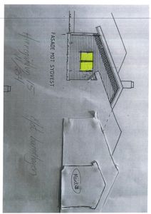 Tegning av fasade mot sydvest med vindusfelt og takform