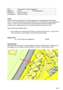 Situasjonsplan som viser eiendomsforhold, byggegrenser og naboeiendommer i forhold til en søkt dispensasjon.