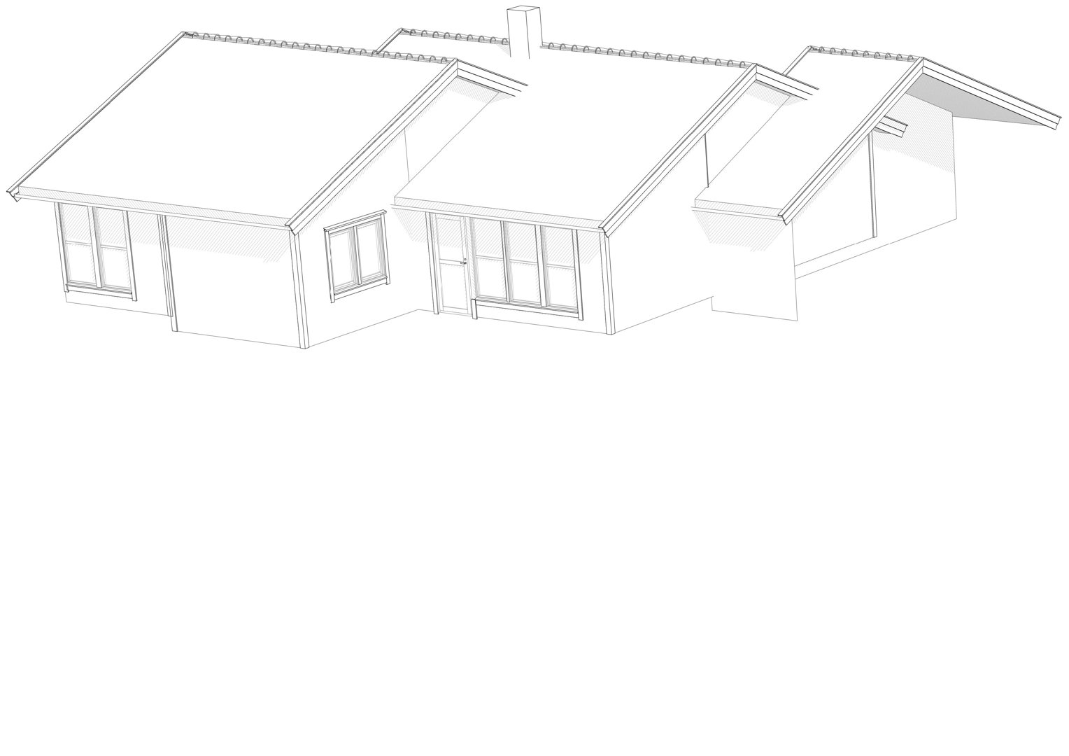 En 3D-visualisering (linjetegning) av en enebolig sett fra en vinkel som viser fasade og takform.