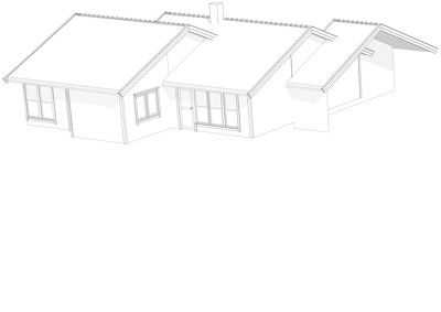 En 3D-visualisering (linjetegning) av en enebolig sett fra en vinkel som viser fasade og takform.
