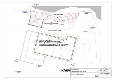 Situasjonsplan som viser terrengform, massefjerning og bygningsplassering.