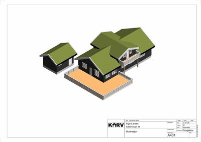 3D-visualisering av et hus med tilhørende uthus og terrasse.