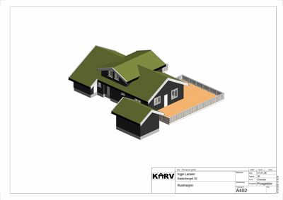 3D-visualisering (rendering) av et hus med tak, fasade og en terrasse.