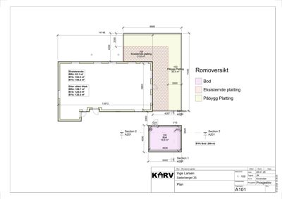 Etasjeplan som viser romfordeling, mål og areal for en bygning med planer om tilbygg.