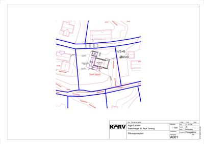 Situasjonsplan som viser tomt, veier og naboeiendommer for Sæterberget 35.