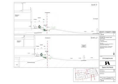 Snittegning (Snitt II' og Snitt JJ') som viser bygningens høydeprofil, terrengforhold og nivåer.