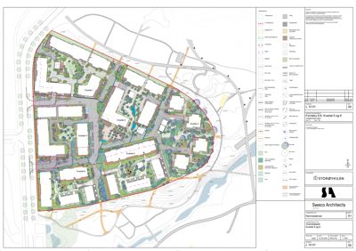 Situasjonsplan som viser plassering av bygninger (kvarterer) på en tomt med omgivende infrastruktur, vegnett og topografi.