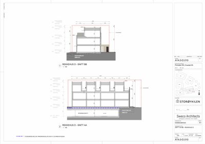 Snittegning av rekkehus D som viser tverrsnitt gjennom bygningen med etasjer, høyder og grunnkonstruksjon.