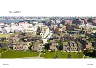 3D-visualisering (rendering) av et boligprosjekt med omgivende bymiljø og vann.