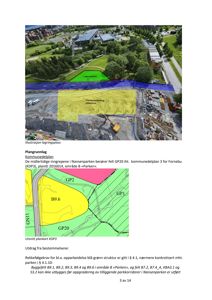 Bildet viser en situasjonsplan (KDP3) med fargekodet arealbruk (f.eks. byggefelt, parkområder) og en illustrasjon av en lagringsplass. Det inneholder også tekstutdrag fra kommunedelplanen.
