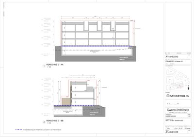 Snittegning (RAHMESNITT) av et rekkehus med oppgitt mål og konstruksjonsdetaljer.