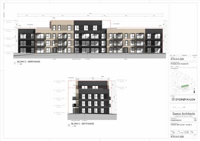 Fasadetegning som viser utsiden av to bygninger (BLOKK C - SØRFASADE og BLOKK C - ØSTFASADE) med detaljer om materialer, vinduer og høyder.