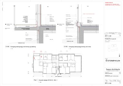 Tegning som viser detaljerte overganger mellom betongvegg, terreng og balkong/vindu, samt et oversiktsplan over detaljene.