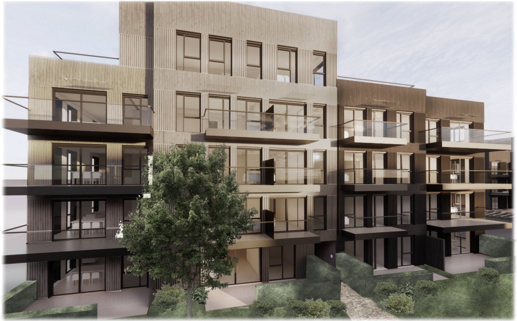 3D-visualisering (rendering) av en moderne boligblokk med fasade, balkonger og omgivelser.