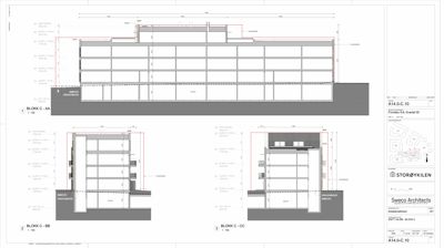 Snittegning (A14.D-C-10) som viser tverrsnitt gjennom bygningen i tre ulike blokker (AA, BB og CC).