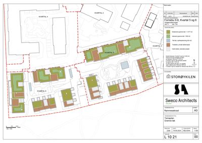 Situasjonsplan som viser tomtens oppdeling i kvartaler (5, 6, 2, 3, 4) med arealoppdeling for tak, parkering og grønt.
