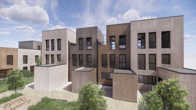 3D-visualisering av en moderne bygning med trepanel og store vinduer, sett fra et lavt vinkel med omgivende landskap.