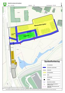 Situasjonsplan (kart) som viser bygningers plassering, arealer (gravesikring, riggplass) og infrastruktur (veier, port) i forhold til hverandre.