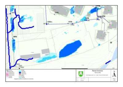Kart over et område i Bærum kommune som viser vann- og avløpsnett, grunnvannsnivåer, og topografi.