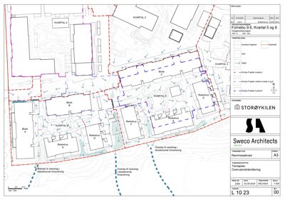 Situasjonsplan som viser plassering av bygninger (blokker og rekkehus) i forhold til kvartergrenser, vei og vannveier.