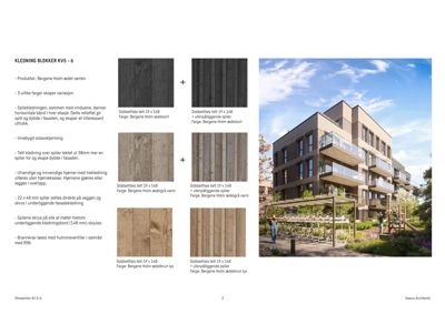 3D-visualisering av fasade på et fleretasjes bygg med balkonger og solavskjerming, illustrerende ulike trepanel-farger.