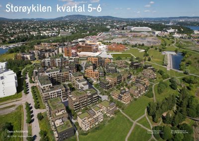 3D-visualisering (rendering) av et boligfelt med oversikt over omgivelsene.