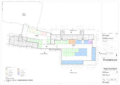 Etasjeplan (rammeplan) for kjelleretasje i bygget Fomebu 9, Kvartal 5. Planen viser romfordeling, plassering av leiligheter, fellesarealer og tekniske rom.
