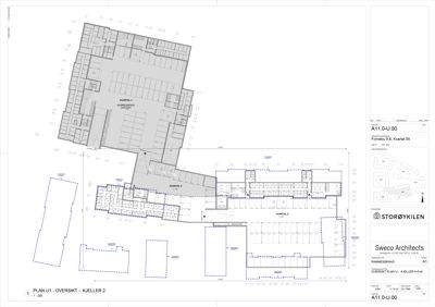 Oversiktsplan (kjeller) som viser romfordeling og kvartaler i et bygg.