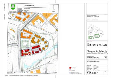 Situasjonsplan som viser bygningers plassering i forhold til veier, eiendomsgrenser og andre bygninger i området.