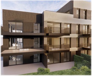 3D-visualisering av fasaden på et moderne fleretasjes bygg med balkonger og trepanel.