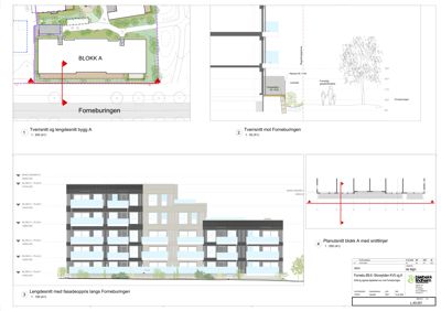 Fasadetegning med lengdesnitt og planutsnitt av bygning A