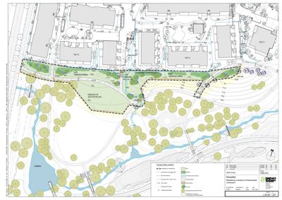 Situasjonsplan som viser tomtens beliggenhet, terrengform, beplantning og forhold til omgivelsene.
