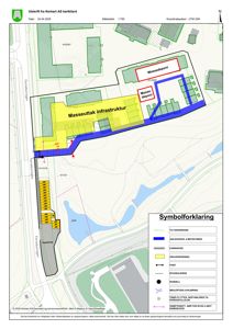 Situasjonsplan (kart) som viser tomtens beliggenhet, naboeiendommer, veier og planlagte tiltak (graveskjæring, masseuttak, deponi).