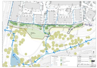 Situasjonsplan som viser terrengform, vegetasjon, vannløp og planlagte tiltak i området.