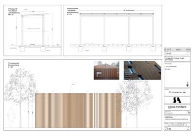Fasadetegning som viser etasjenes oppriss med detaljer om overdekning, sykkelparkering og materialvalg (trepanel).