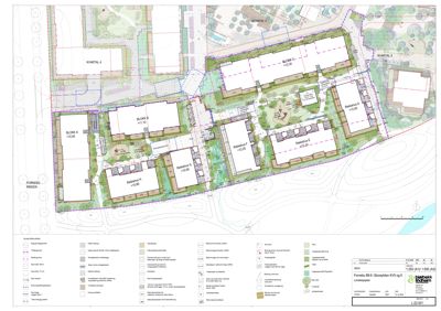 Situasjonsplan som viser plassering av flere bygninger (blokker og rekkehus) i forhold til kvarter, veier og omgivende areal.