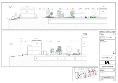 Snittegning (Snitt AA' og Snitt BB') som viser bygningens høyde, grunnmur, takhøyder og terrengforhold.