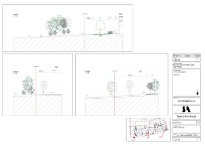 Snittegning (Snitt CC, DD og EE) som viser bygningens tverrsnitt, terrengforhold og vegetasjon.