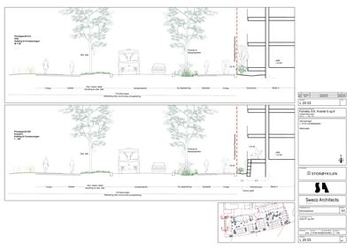 Oppriss av fasade med detaljer om terreng, beplantning og bygningens høyde.