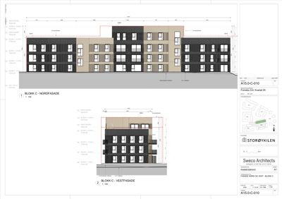 Tegning som viser fasadeoppsettet for to blokker (Nord og Vest) med fargeprøving, vindusløsninger og mål.