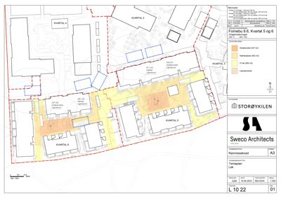 Situasjonsplan som viser plassering av bygninger (KVARTAL 2, 3, 4, 5, 6, 8) på tomten, med overlappende arealer for ulike klasser (Sjøbarnesklass, Nærlæreklass, Frilæring) og områder for lekeelementer.